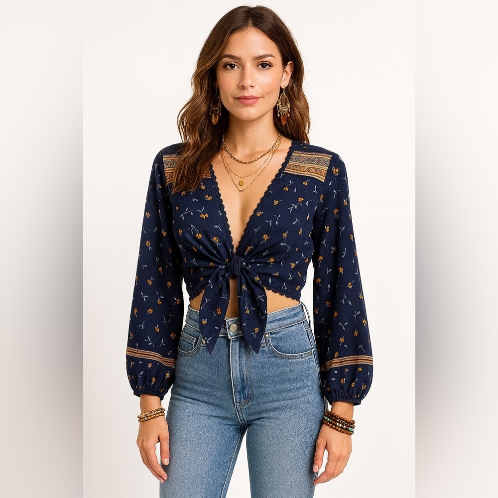 Triple Seven Navy Floral Tie Front Top Boho Cottagecore Bell Sleeve Blouse
